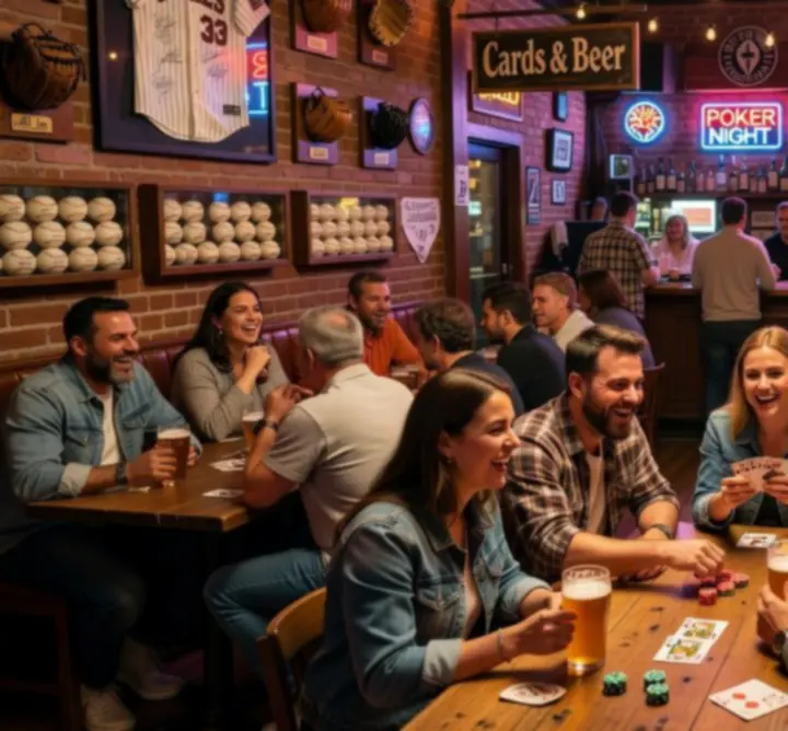 Przytulne wnętrze Cards & Beer z oświetleniem i stołami dla gości