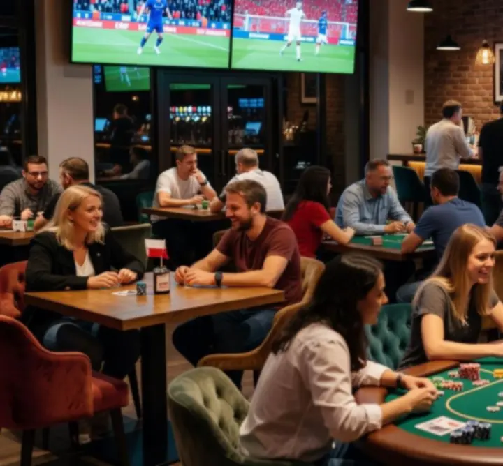 Wnętrze Cards & Beer z barową sceną, stołami i ekranami sportowymi