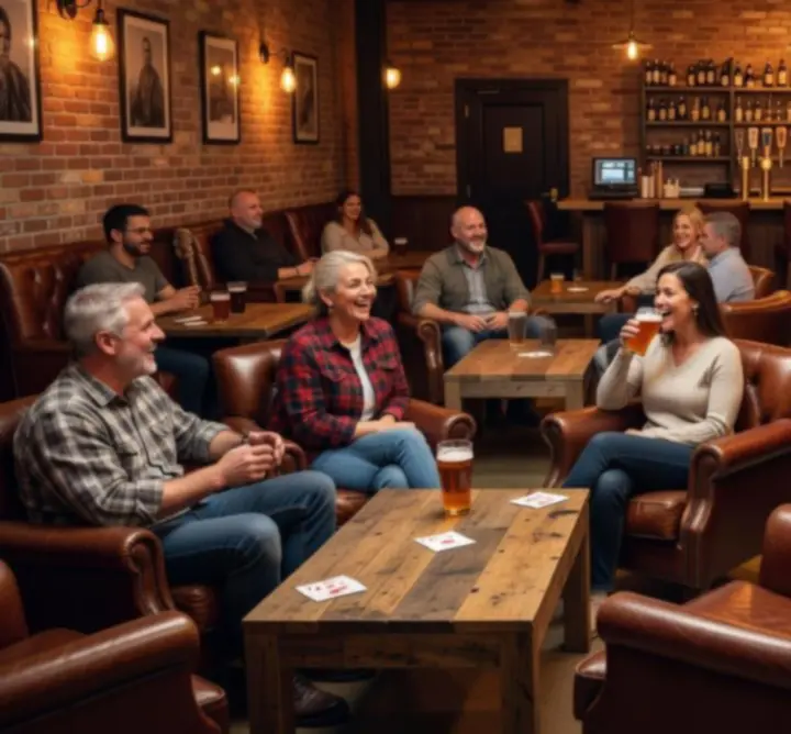 Wnętrze Cards & Beer z wygodnymi stolikami, nastrojowym oświetleniem i barową atmosferą