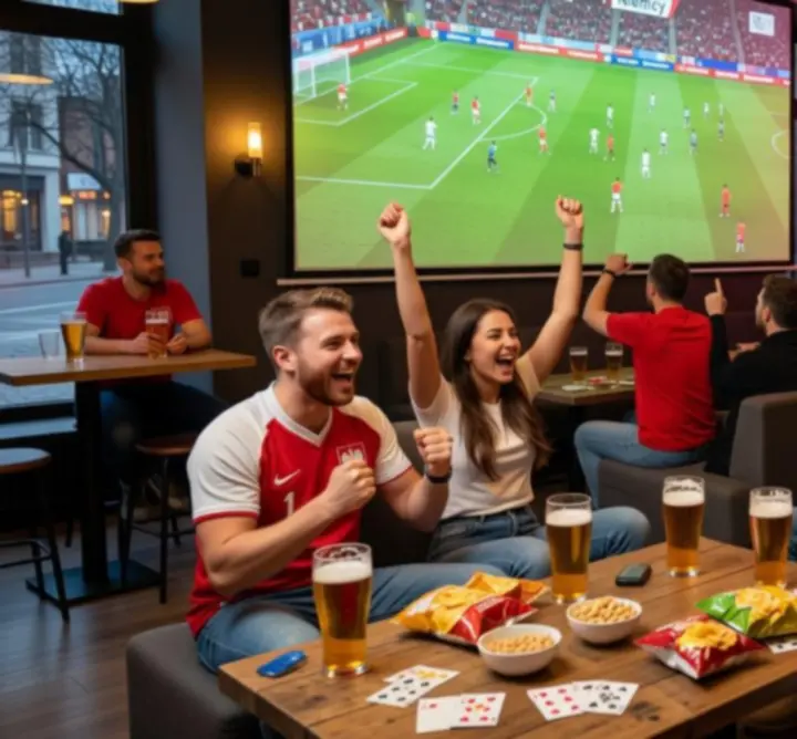 Bar sportowy z dużymi ekranami podczas transmisji meczu