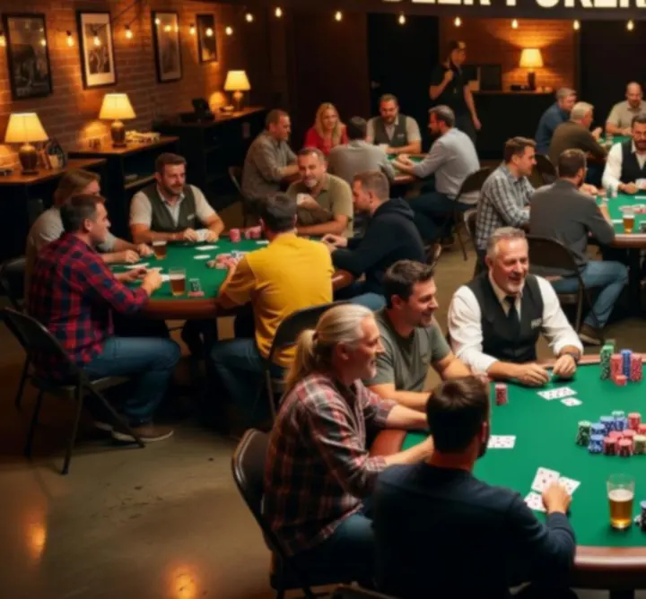 Gracze przy stołach pokerowych podczas turnieju w Cards & Beer