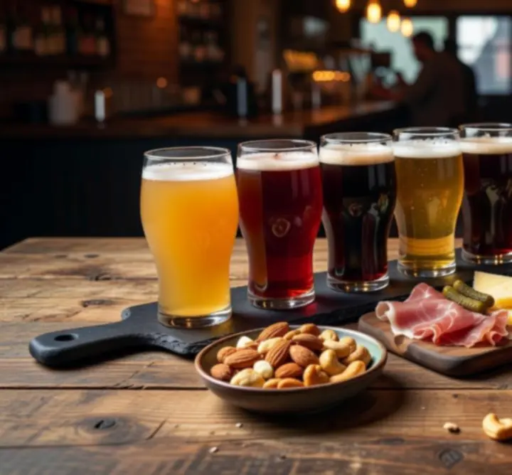 Stół z talerzami jedzenia i szklankami piwa w lokalu Cards & Beer.