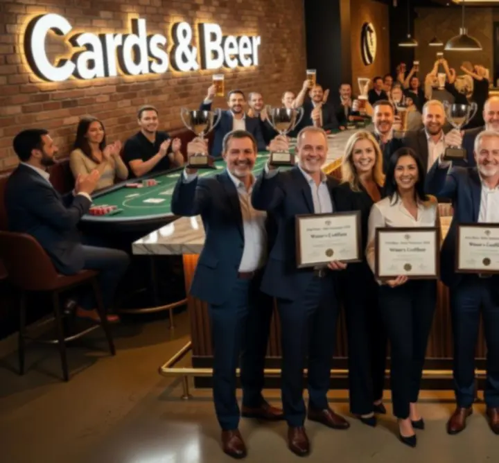 Zwycięzcy turnieju pokerowego z pucharem w Cards & Beer